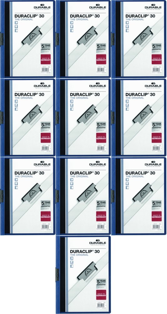 10x Skoroszyt plastikowy z klipsem Durable Duraclip, A4, do 30 kartek granatowy