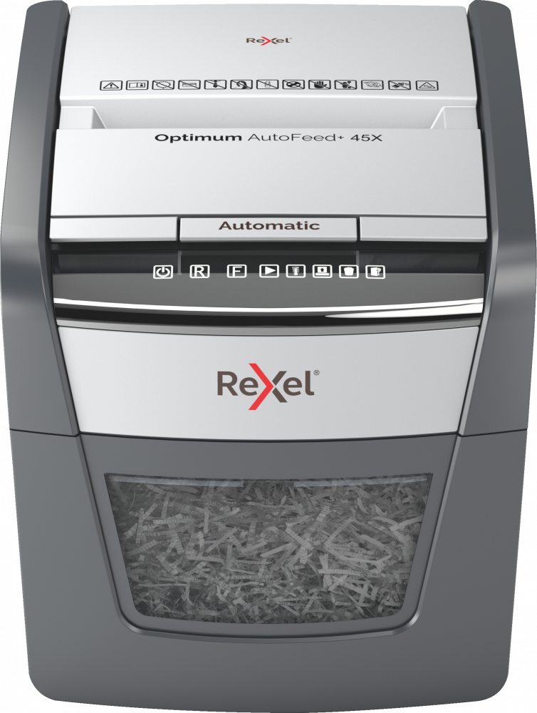 Niszczarka do papieru automatyczna Rexel Optimum AutoFeed+ 45X, konfetti 4x28 mm, 45 kartek, P-4 DIN, czarny