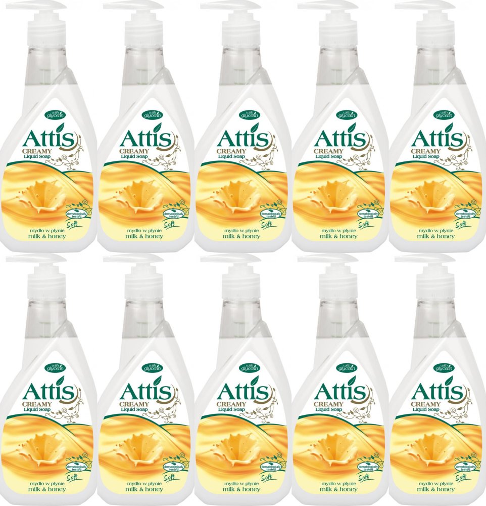 10x Mydło w płynie Attis Gold Drop, mleko & miód,z dozownikiem, 400ml