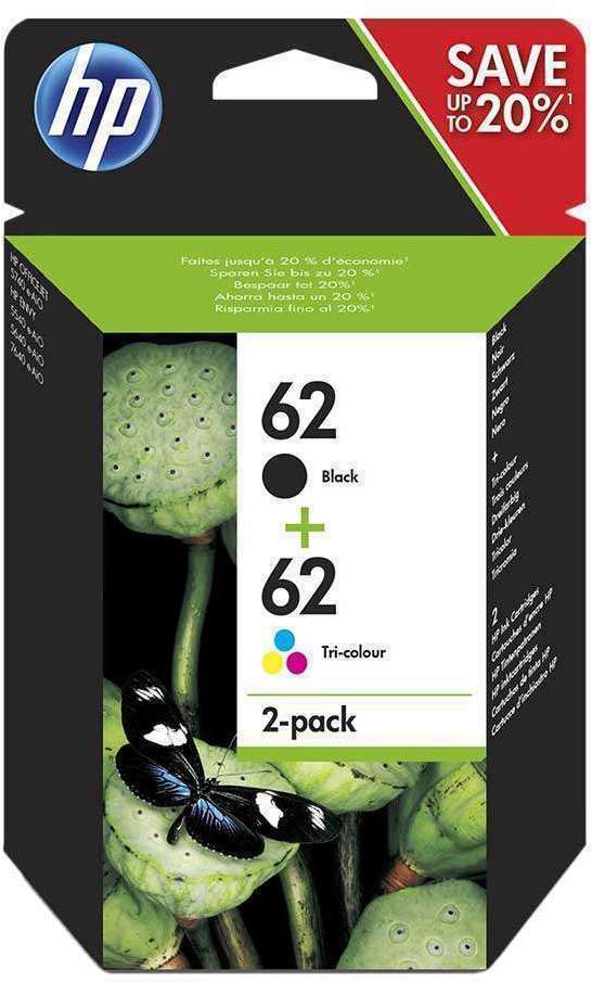 Zestaw dwóch tuszy HP 62 (N9J71AE), 200/165 stron, black(czarny), cyan(błękitny), magenta(purpurowy), yellow(żółty)