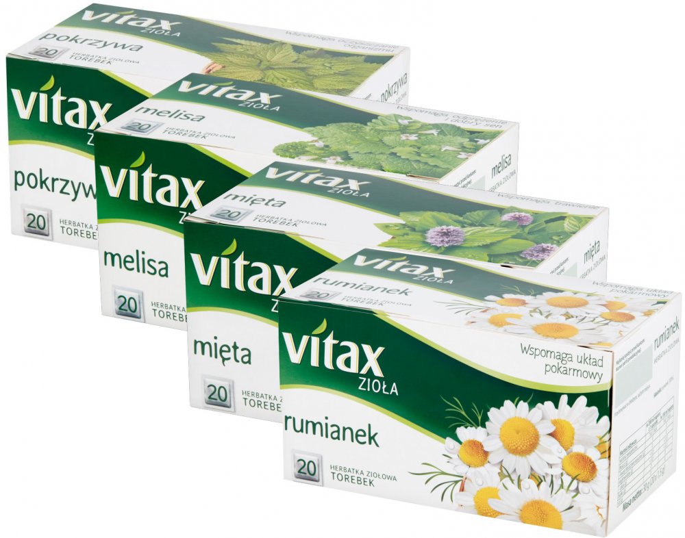 Zestaw herbat ziołowych Vitax: mięta, 20 sztuk x 1.5g + melisa, 20 sztuk x 1.5g + pokrzywa, 20 sztuk x 1.5g + rumianek, 20 sztuk x 1.5g
