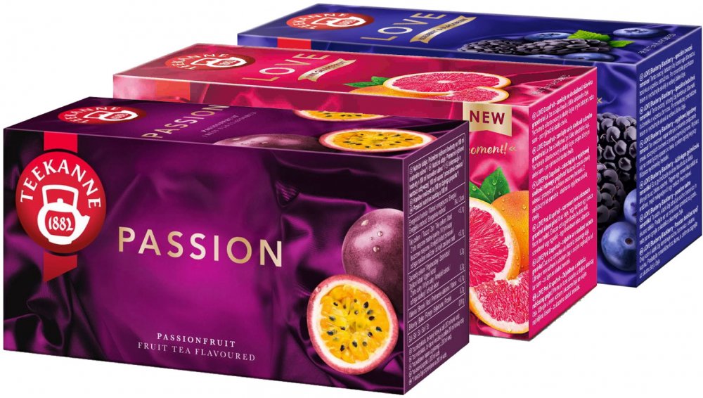 Zestaw herbat owocowych Teekanne: Love Blueberry & Blackberry, borówka i jeżyna, 20 sztuk + Passion, marakuja, 20 sztuk + Love, grejpfrut, 20 sztuk