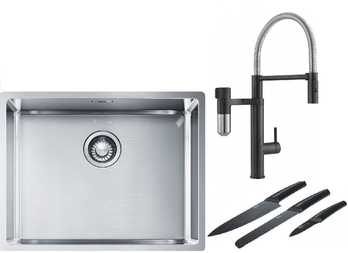 Franke Box BXX 110-54/ BXX 210-54 zlewozmywak 58x45 cm stalowy z baterią kuchenną Vital Semi-Pro czarny mat/stal i zestawem noży ... - Wysyłka w 24h