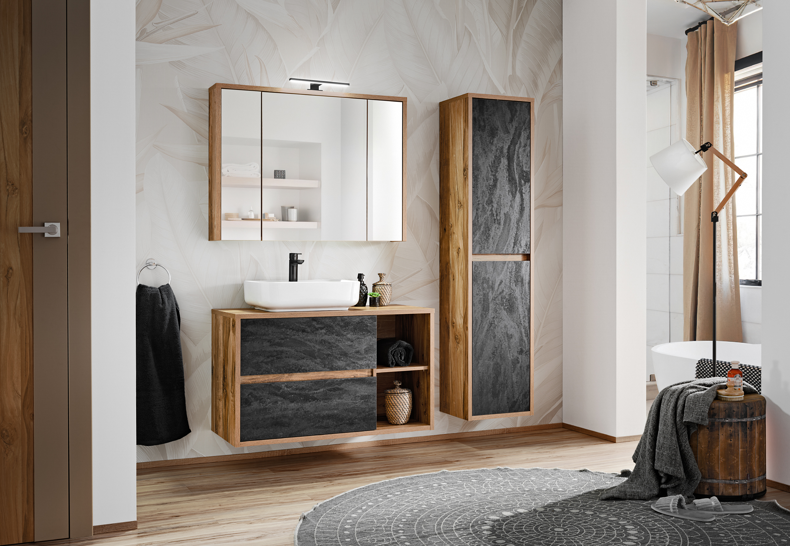 Comad Hampton Concrete szafka 100 cm lustrzana Dąb Hunton HAMPTONCONCRETE84-100FSC