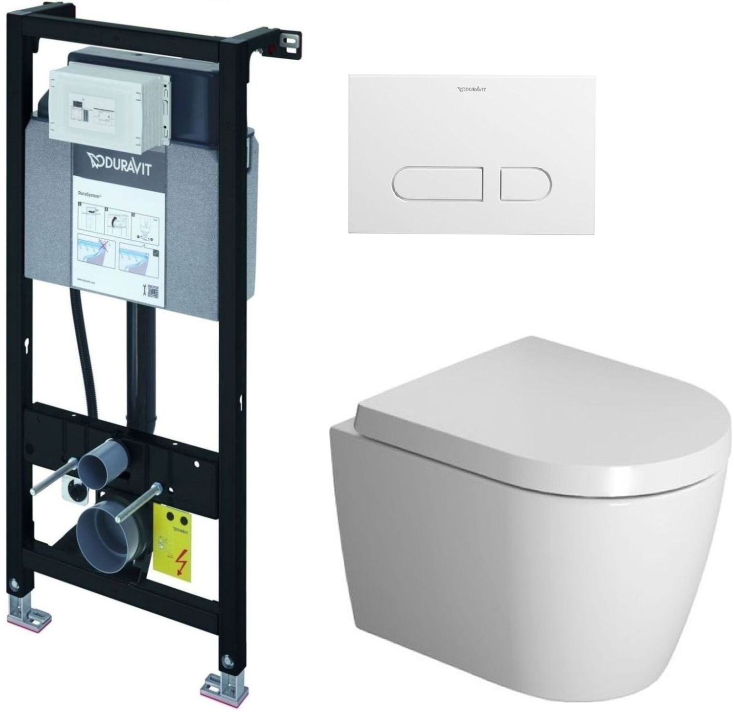 Zestaw Duravit DuraSystem stelaż podtynkowy z przyciskiem spłukującym białym i miską WC Rimless HygieneGlaze ME Be Starck z deską ...