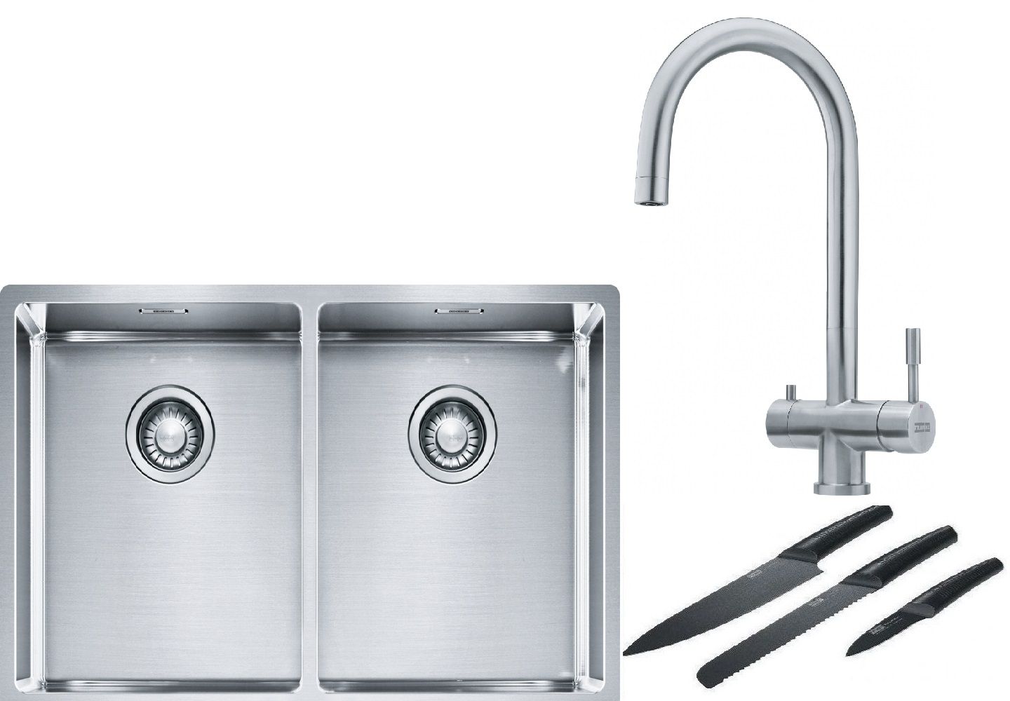 Franke Box BXX 220/120 34-34 zlewozmywak 74x45 cm stalowy z baterią kuchenną Eos stal szlachetna i zestawem noży kuchennych (1270370188, ...