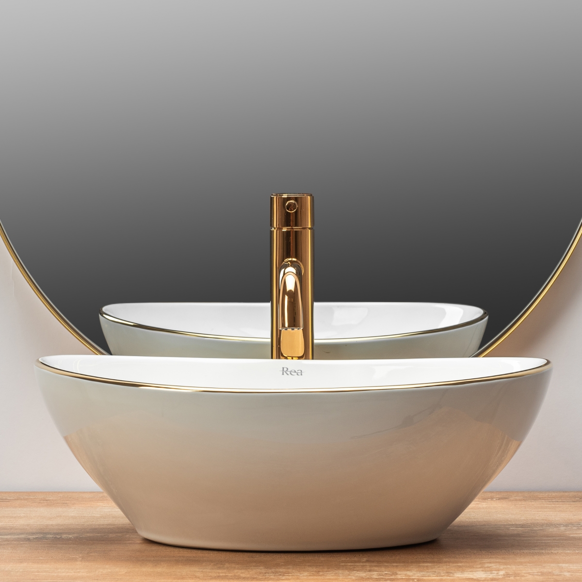 Rea Sofia Gold Edge umywalka 41x34,5 cm nablatowa owalna biała/pasek złoty REA-U3287 - Wysyłka w 24h