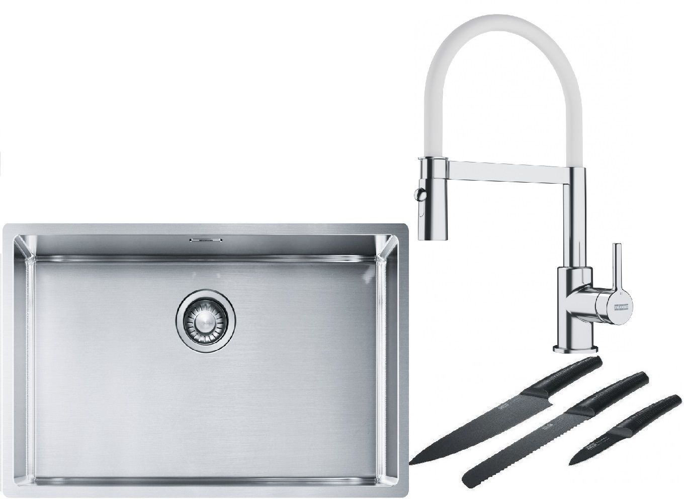 Franke Box BXX 210/110-68 zlewozmywak 72,5x45 cm stalowy z baterią kuchenną Lina chrom/biały i zestawem noży kuchennych (1270453658, ...
