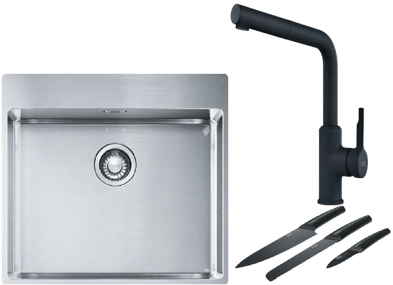 Franke Box BXX 210-54 TL zlewozmywak 57x51 cm stalowy z baterią kuchenną Urban czarny mat i zestawem noży kuchennych (1270369295, ... - Wysyłka w 24h