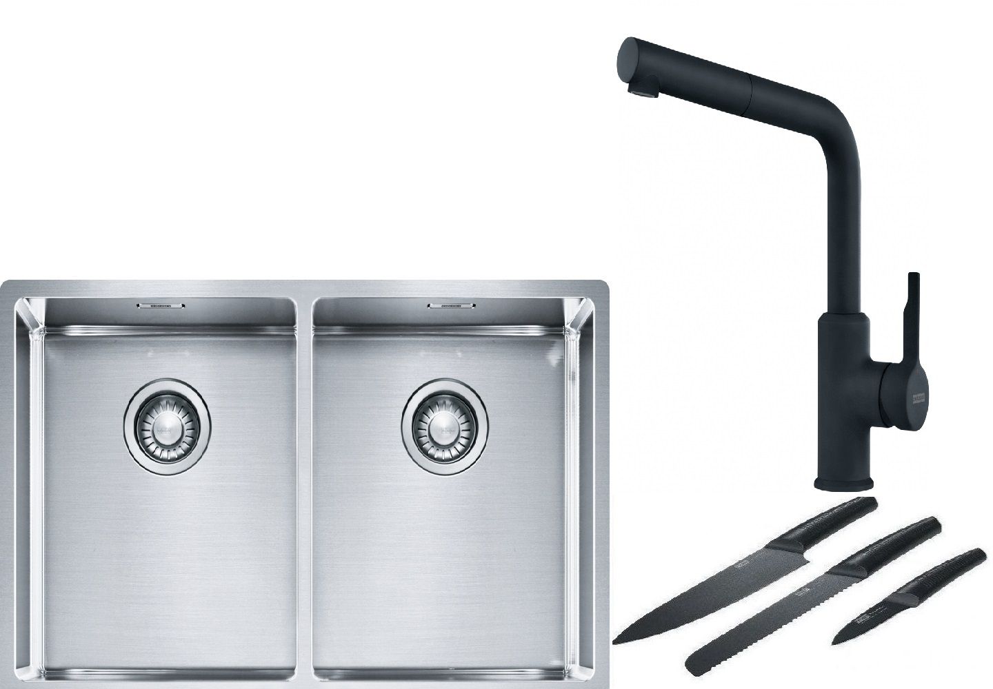Franke Box BXX 220/120 34-34 zlewozmywak 74x45 cm stalowy z baterią kuchenną Urban czarny mat i zestawem noży kuchennych (1270370188, ... - Wysyłka w 