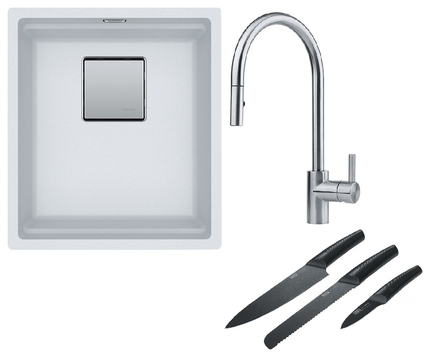 Franke Kanon KNG 110-37 zlewozmywak 37x42 cm Fragranite biały polarny z baterią kuchenną Eos Neo stal szlachetna i zestawem noży ...