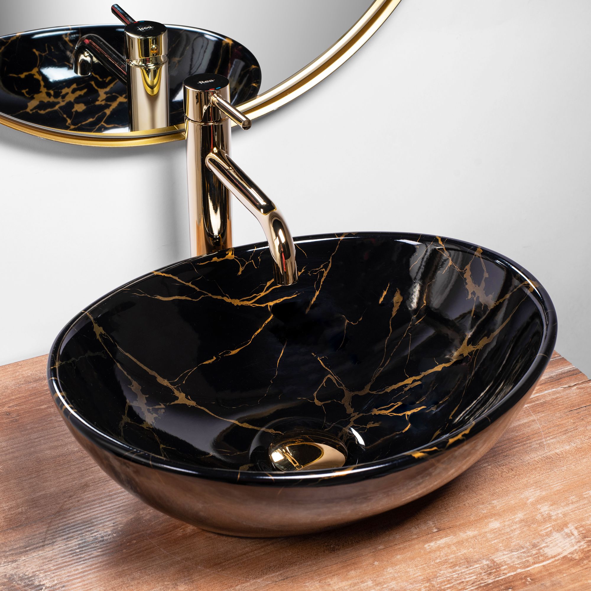 Rea Sofia Marble umywalka 41x34,5 cm nablatowa owalna czarna/złota błyszcząca REA-U5611 - Wysyłka w 24h