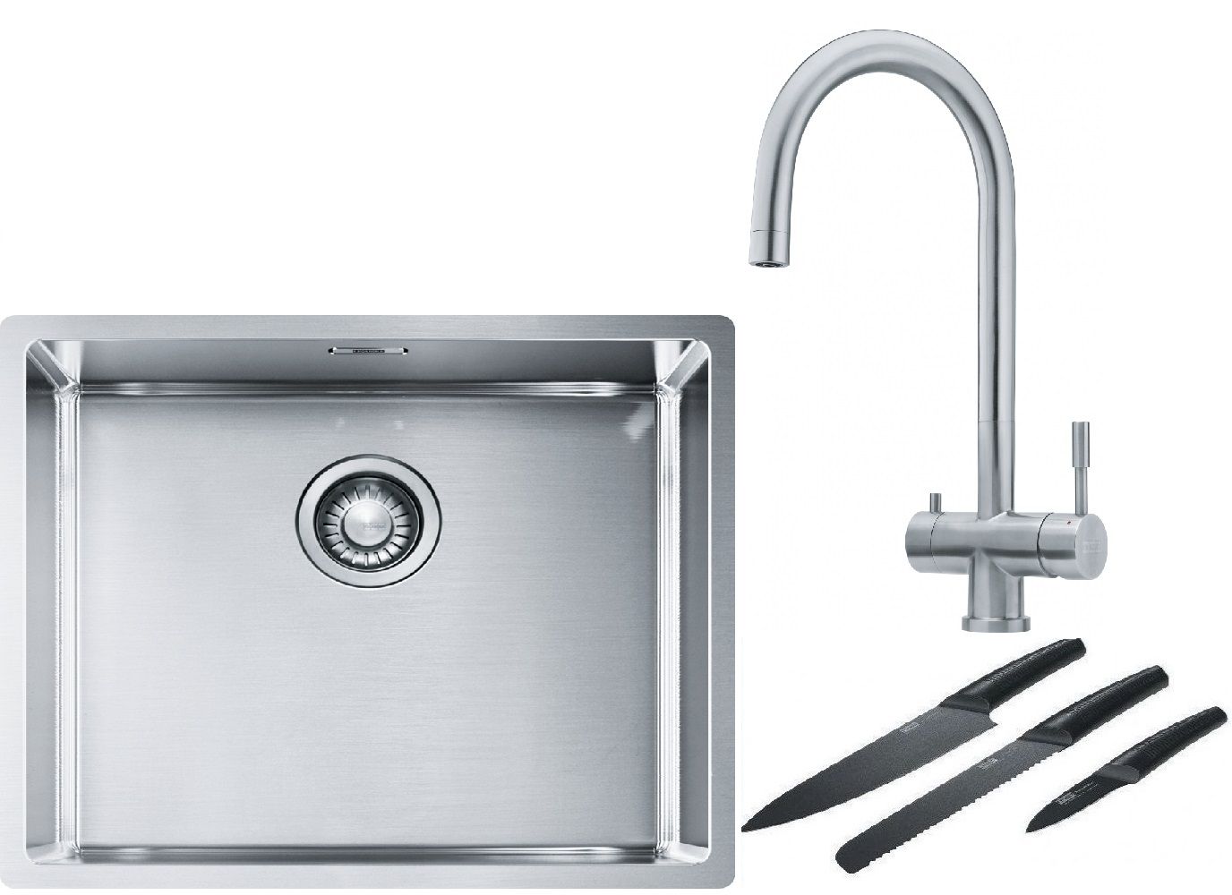 Franke Box BXX 110-50/BXX 210-50 zlewozmywak 54x45 cm stalowy z baterią kuchenną Eos stal szlachetna i zestawem noży kuchennych ...