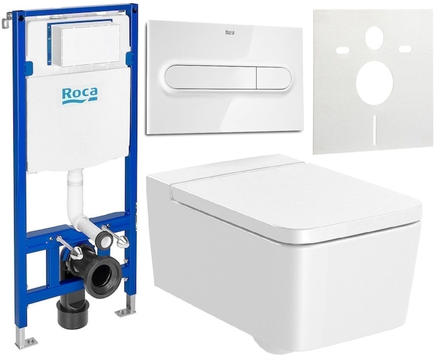 Zestaw Roca Inspira Square miska WC wisząca Rimless z deską sedesową wolnoopadającą i stelaż podtynkowy Duplo One z przyciskiem ...