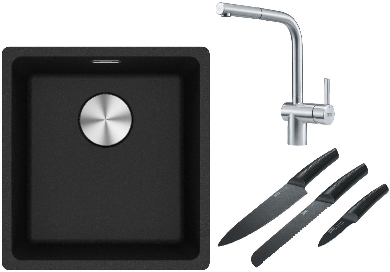Franke Maris MRG 110-37 zlewozmywak 40x37 cm Fragranite onyx z baterią kuchenną Atlas stal szlachetna i zestawem noży kuchennych ...