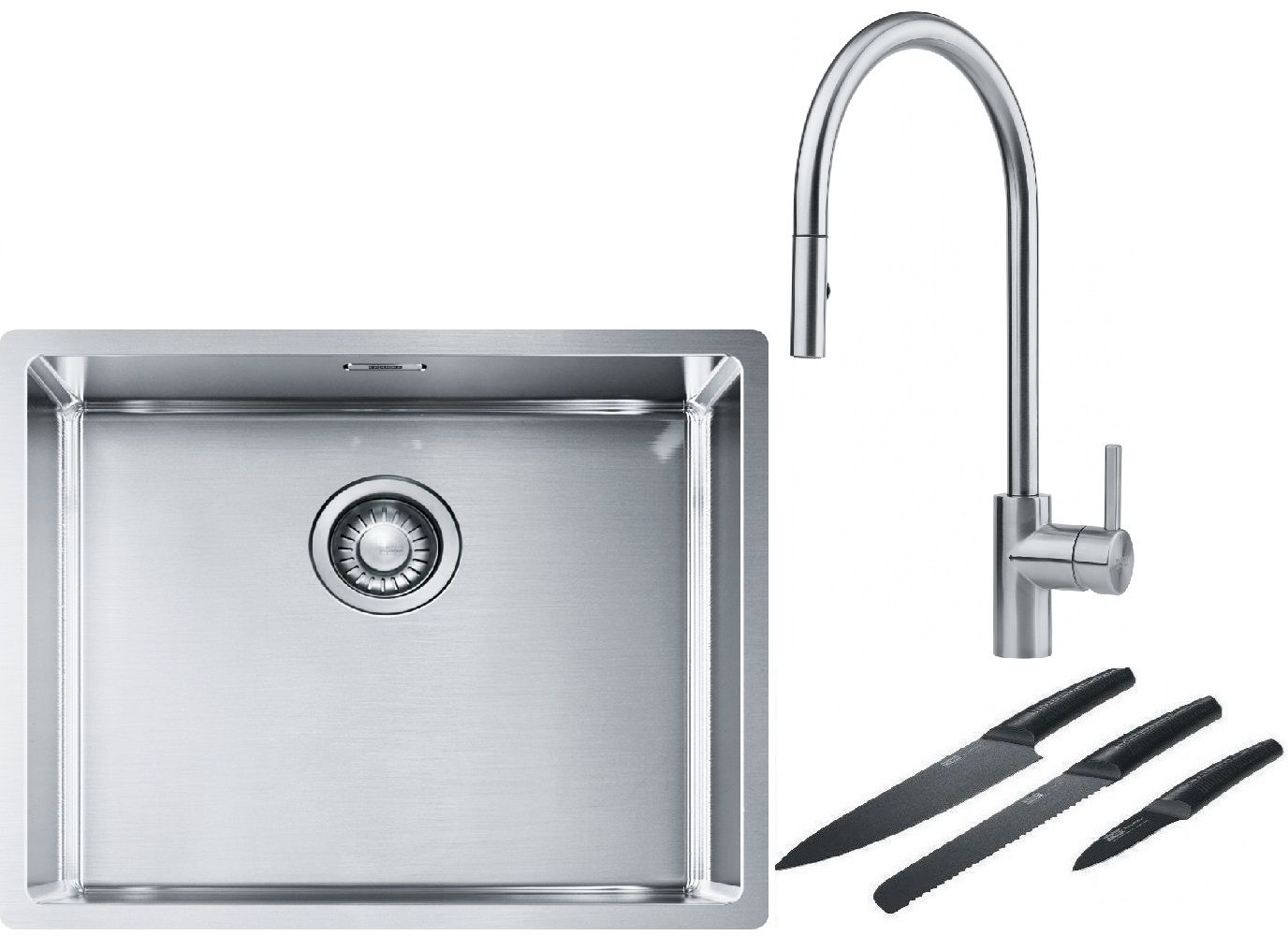 Franke Box BXX 110-50/BXX 210-50 zlewozmywak 54x45 cm stalowy z baterią kuchenną Eos stal szlachetna i zestawem noży kuchennych ...