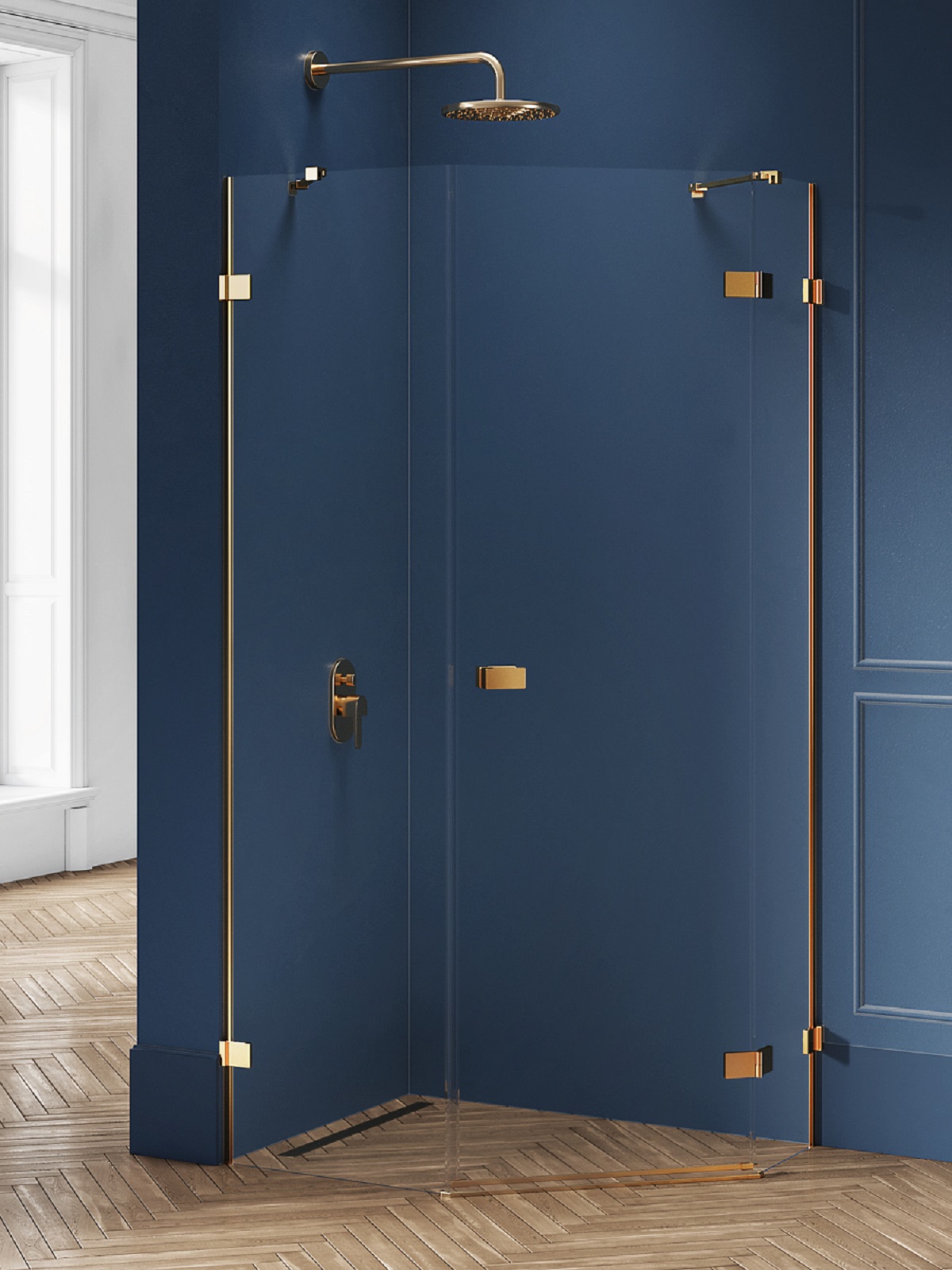 New Trendy Avexa Gold Brushed kabina prysznicowa 100x80 cm pięciokątna prawa złoty szczotkowany/szkło przezroczyste EXK-3858