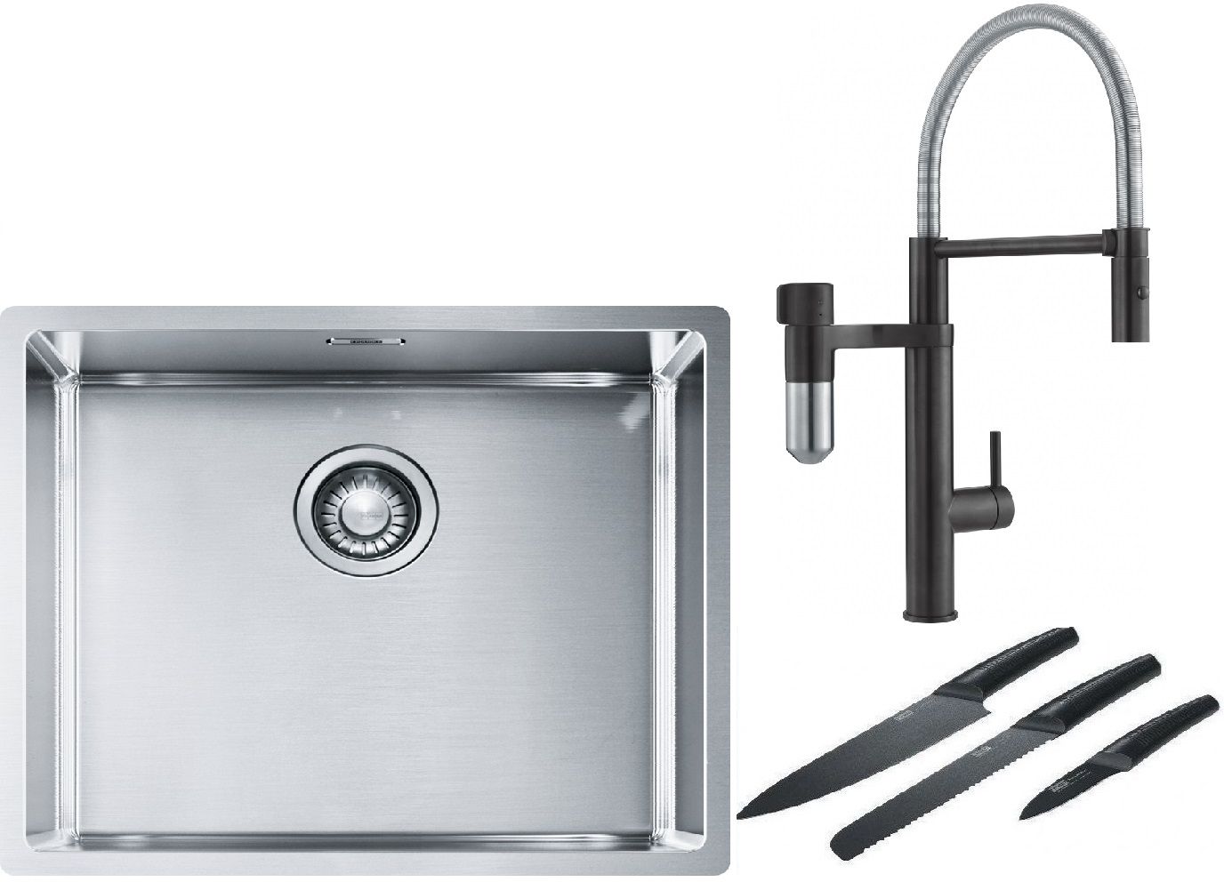 Franke Box BXX 110-50/BXX 210-50 zlewozmywak 54x45 cm stalowy z baterią kuchenną Vital Semi-Pro czarny mat/stal i zestawem noży ...