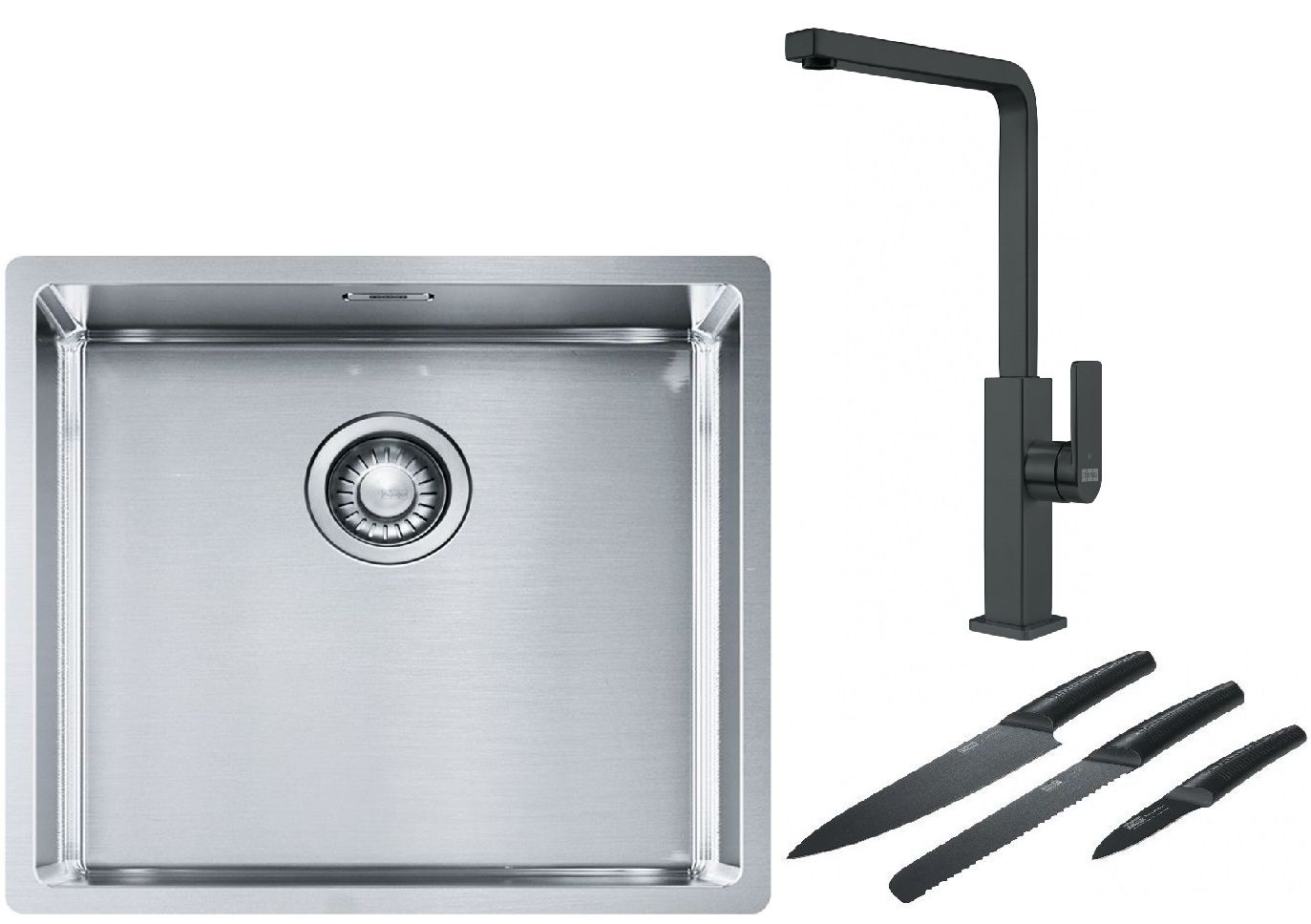 Franke Box BXX 210/110-45 zlewozmywak 49x45 cm stalowy z baterią kuchenną Mythos czarna stal szlachetna i zestawem noży kuchennych ...