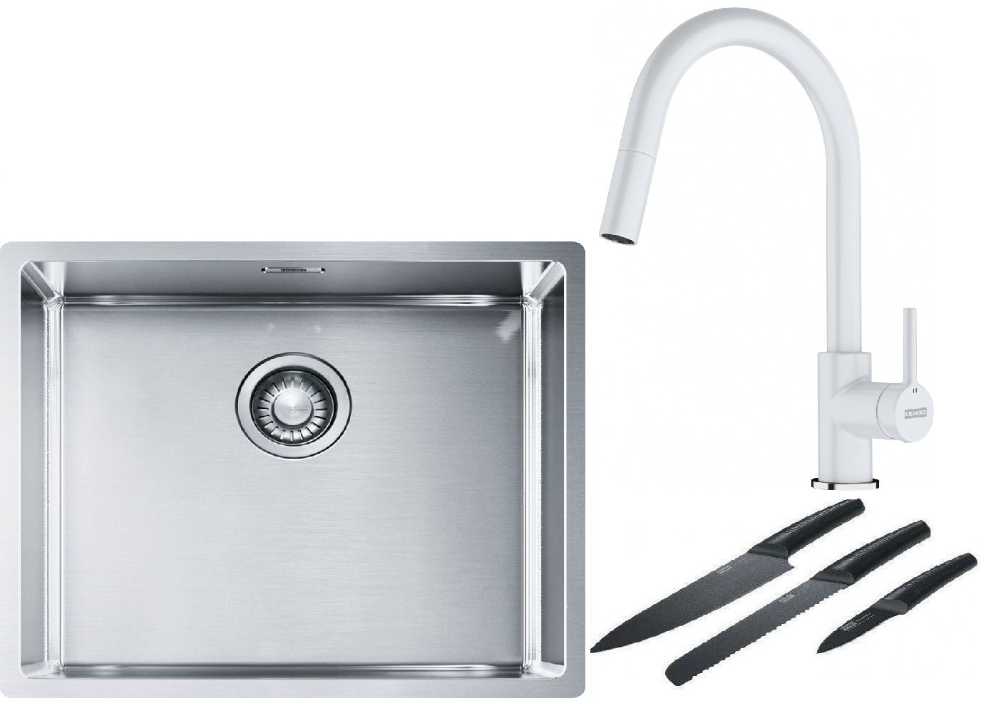 Franke Box BXX 110-50/BXX 210-50 zlewozmywak 54x45 cm stalowy z baterią kuchenną Lina biały polarny i zestawem noży kuchennych ...