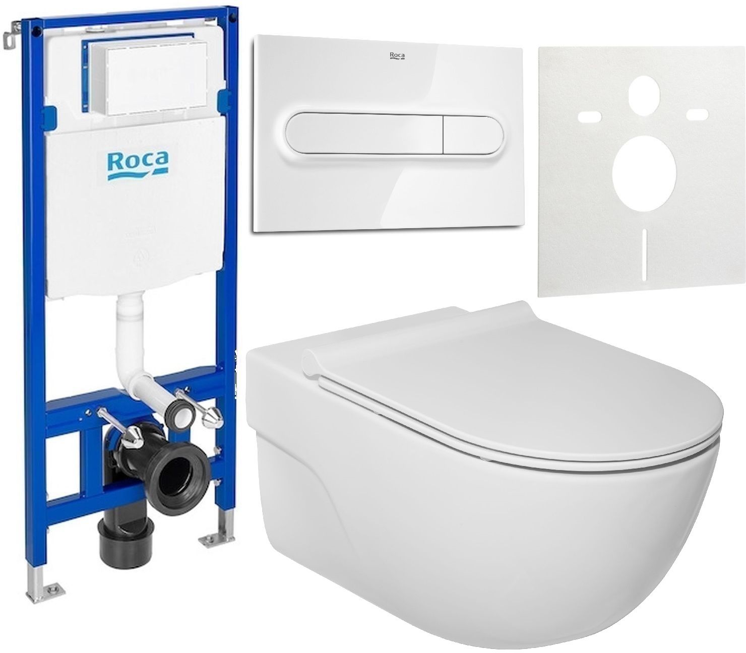 Zestaw Roca Meridian miska WC wisząca Rimless z deską sedesową wolnoopadającą i stelaż podtynkowy Duplo One z przyciskiem ...