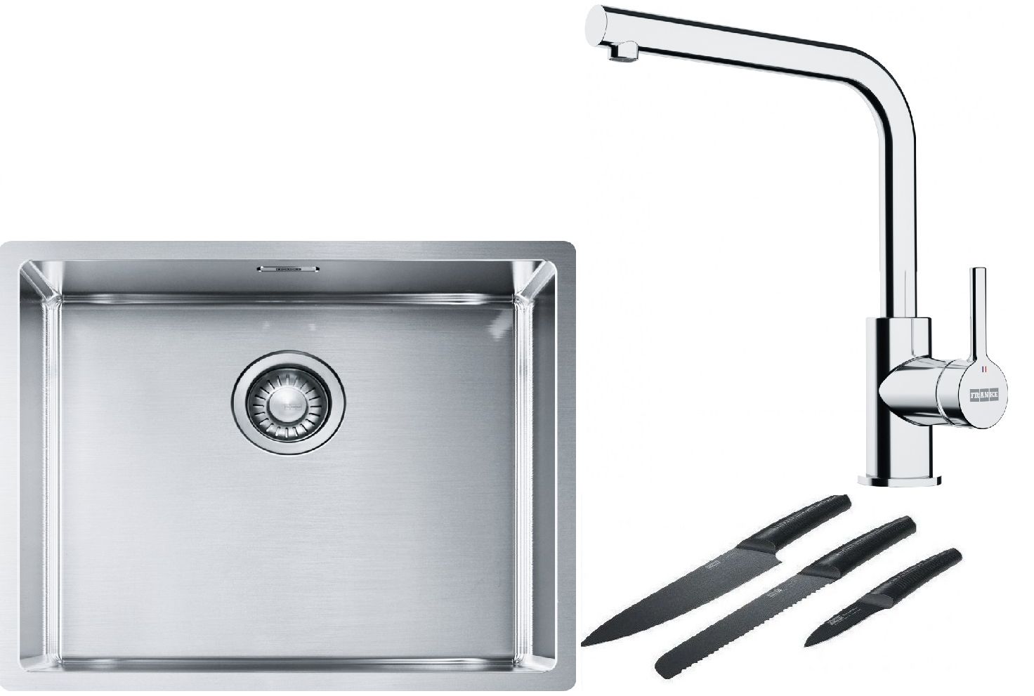 Franke Box BXX 110-50/BXX 210-50 zlewozmywak 54x45 cm stalowy z baterią kuchenną Lina chrom i zestawem noży kuchennych (1270453656, ...