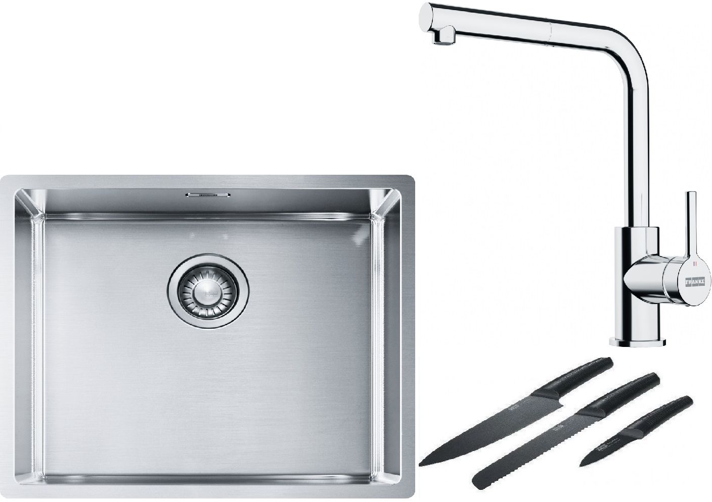 Franke Box BXX 110-50/BXX 210-50 zlewozmywak 54x45 cm stalowy z baterią kuchenną Lina chrom i zestawem noży kuchennych (1270453656, ...
