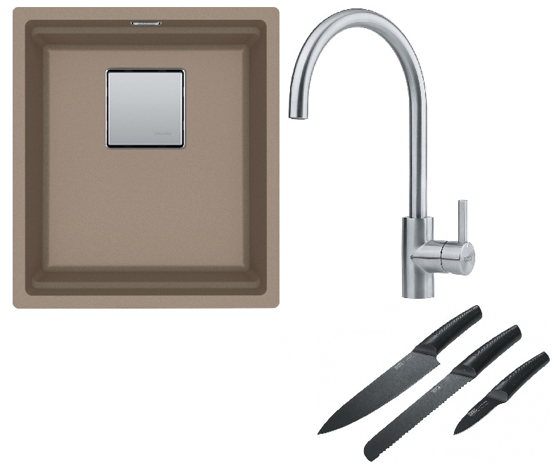 Franke Kanon KNG 110-37 zlewozmywak 37x42 cm Fragranite cappuccino z baterią kuchenną Eos Neo stal szlachetna i zestawem noży kuchennych ...