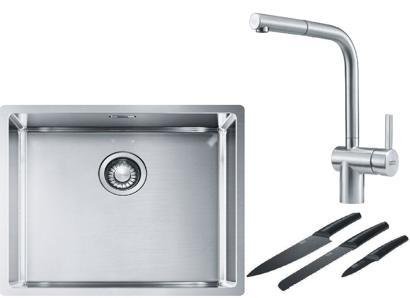 Franke Box BXX 110-50/BXX 210-50 zlewozmywak 54x45 cm stalowy z baterią kuchenną Atlas stal szlachetna i zestawem noży kuchennych ...