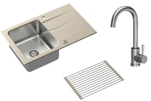 Zestaw Quadron Michael 111 zlewozmywak 78x48 cm beż/stal z baterią Kate i matą ociekową (FUSM7848BE3623500BS, R3825BEMP) - Wysyłka w 24h