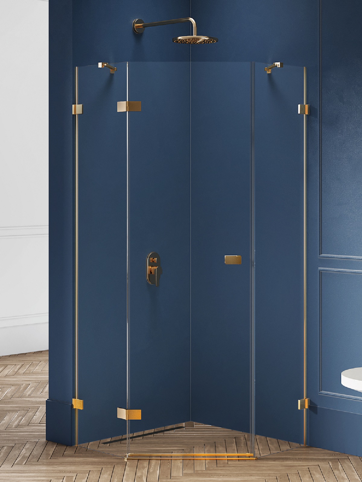 New Trendy Avexa Gold Brushed kabina prysznicowa 90x90 cm pięciokątna lewa złoty szczotkowany/szkło przezroczyste EXK-3853