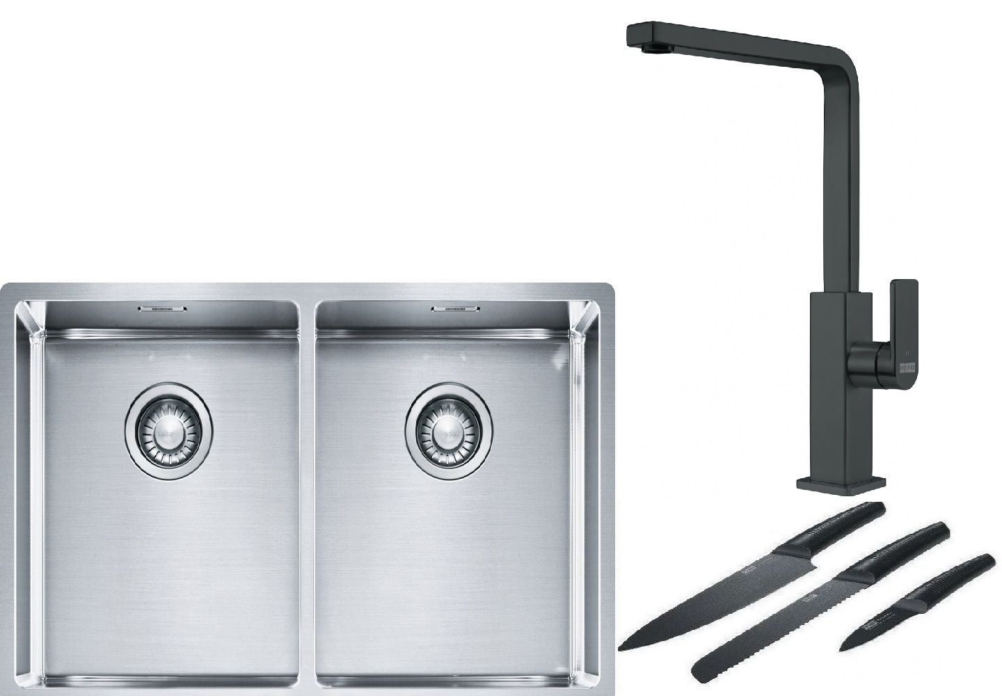 Franke Box BXX 220/120 34-34 zlewozmywak 74x45 cm stalowy z baterią kuchenną Mythos czarna stal szlachetna i zestawem noży kuchennych ... - Wysyłka w 