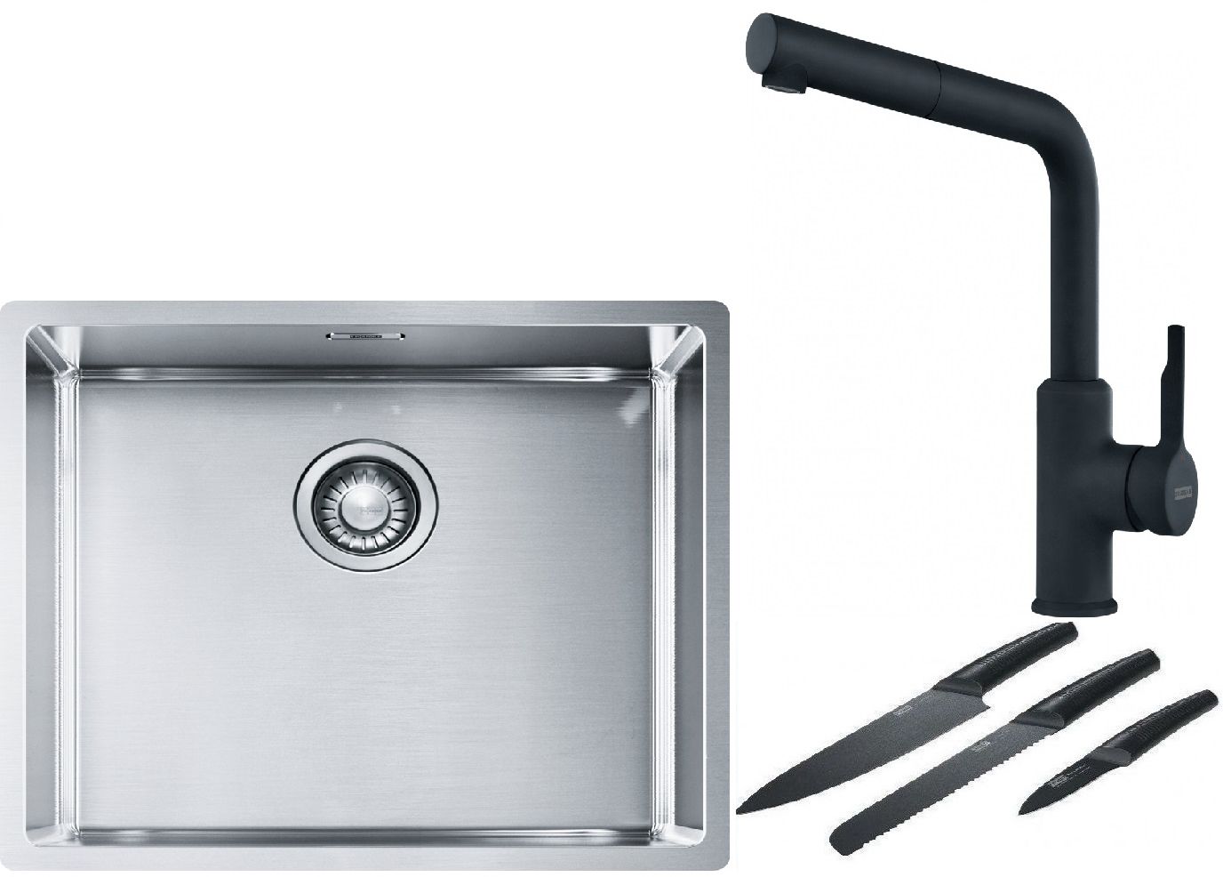 Franke Box BXX 110-50/BXX 210-50 zlewozmywak 54x45 cm stalowy z baterią kuchenną Urban czarny mat i zestawem noży kuchennych ... - Wysyłka w 24h