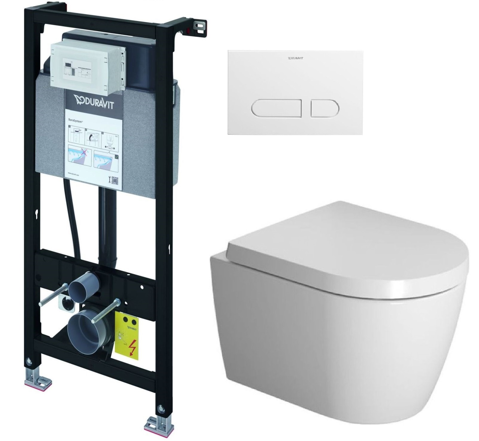Zestaw Duravit DuraSystem stelaż podtynkowy z przyciskiem spłukującym białym i miską WC Rimless ME by Starck z deską wolnoopadającą ...