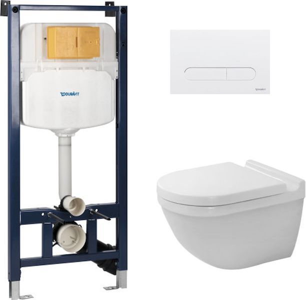 Zestaw Duravit DuraSystem stelaż podtynkowy z przyciskiem spłukującym białym i miską WC Rimless Starck 3 z deską wolnoopadającą ...