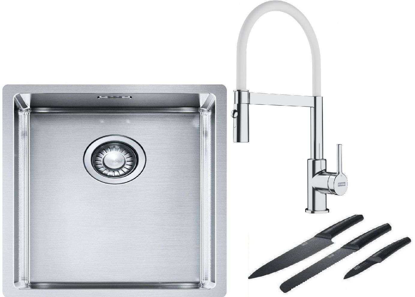 Franke Box BXX 210/110-34 zlewozmywak 38x45 cm stalowy z baterią kuchenną Lina chrom/biały i zestawem noży kuchennych (1270453653, ...