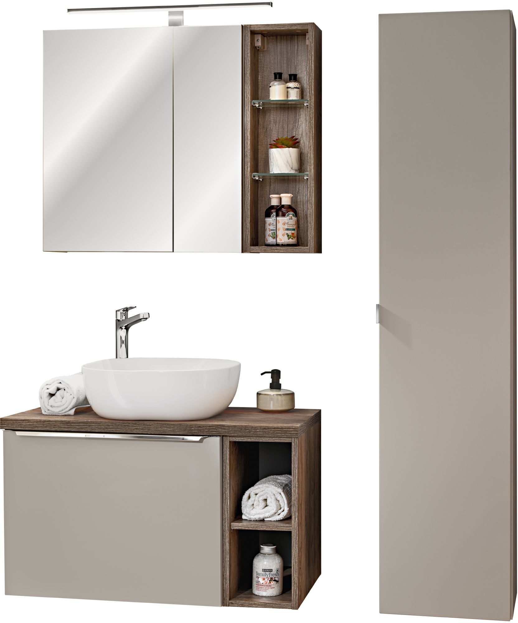 Zestaw meblowy Santa Fe Taupe szafka podumywalkowa 80 cm z blatem, umywalką, szafką boczną i szafką z lustrem SET-SFT B 80CM UN 6252 A2