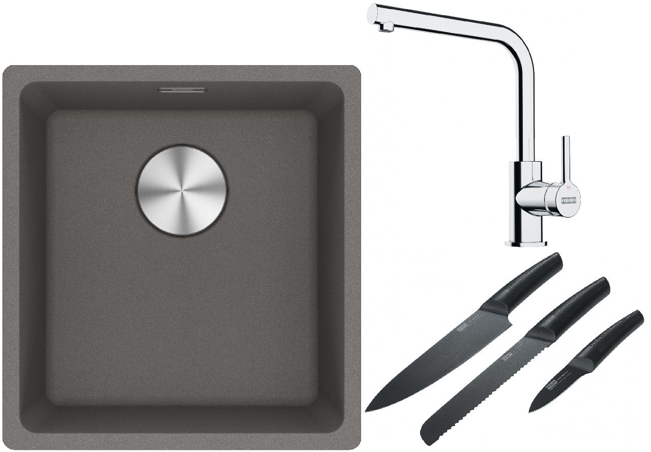 Franke Maris MRG 110-37 zlewozmywak 40x37 cm Fragranite kamienny szary z baterią kuchenną Lina chrom i zestawem noży kuchennych ...