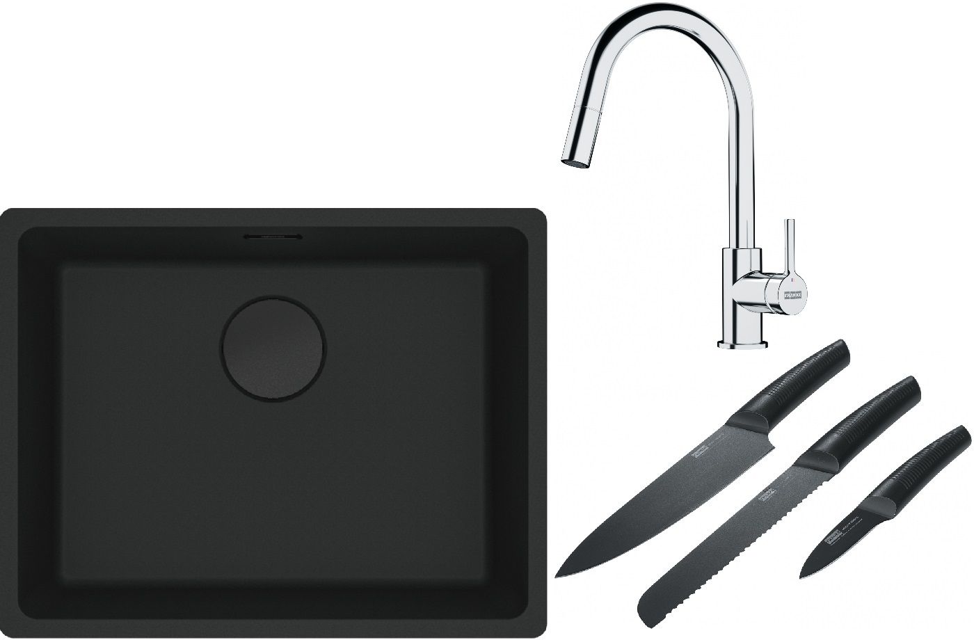 Franke Maris MRG 110-52 zlewozmywak 52x40 cm Fragranite czarny mat z baterią kuchenną Lina chrom i zestawem noży kuchennych (1250697759, ... - Wysyłka