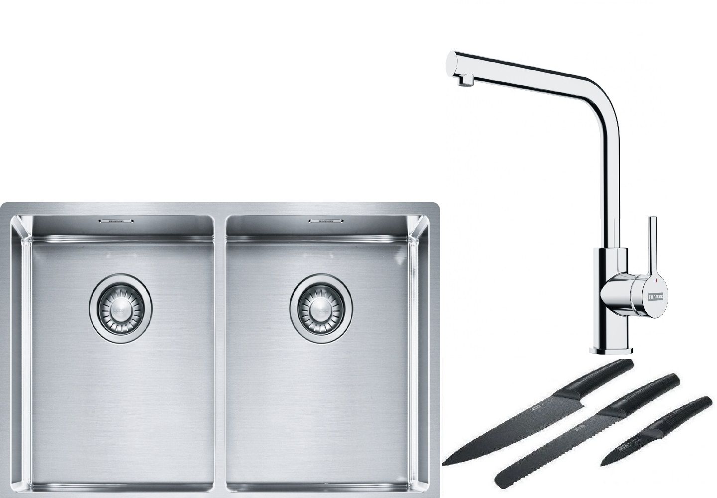 Franke Box BXX 220/120 34-34 zlewozmywak 74x45 cm stalowy z baterią kuchenną Lina chrom i zestawem noży kuchennych (1270370188, ...