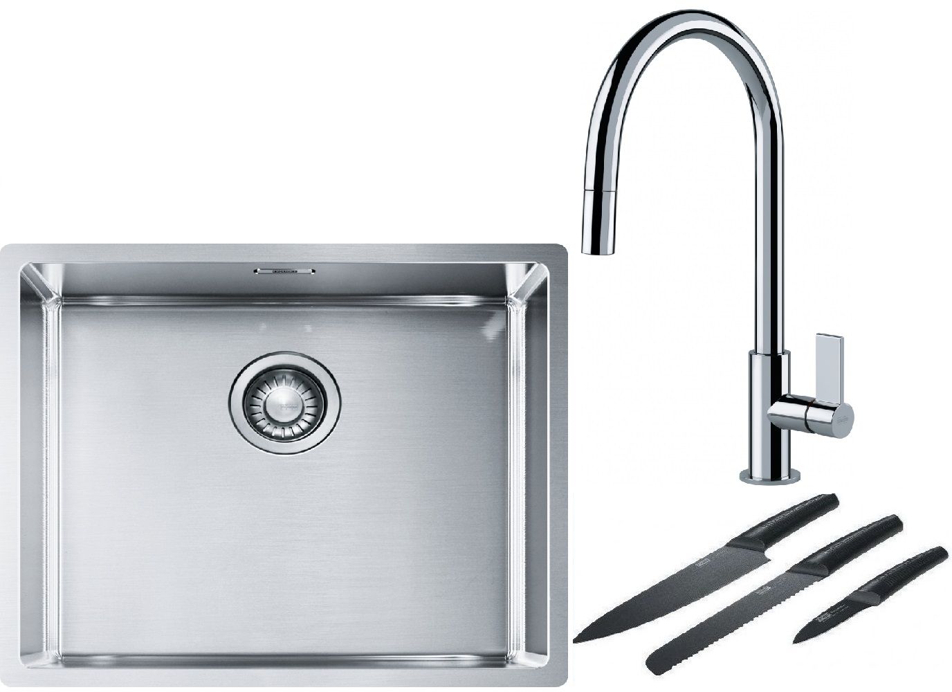 Franke Box BXX 110-50/BXX 210-50 zlewozmywak 54x45 cm stalowy z baterią kuchenną Ambient chrom i zestawem noży kuchennych (1270453656, ...