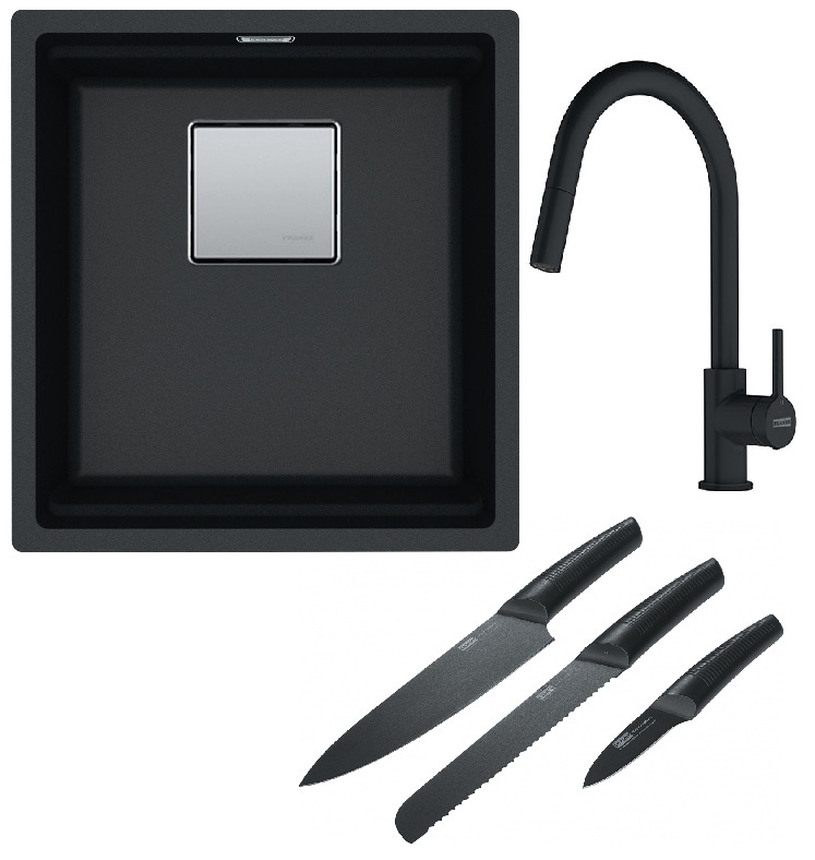 Franke Kanon KNG 110-37 zlewozmywak 37x42 cm Fragranite onyx z baterią kuchenną Lina Pull-Out czarny mat i zestawem noży kuchennych ...