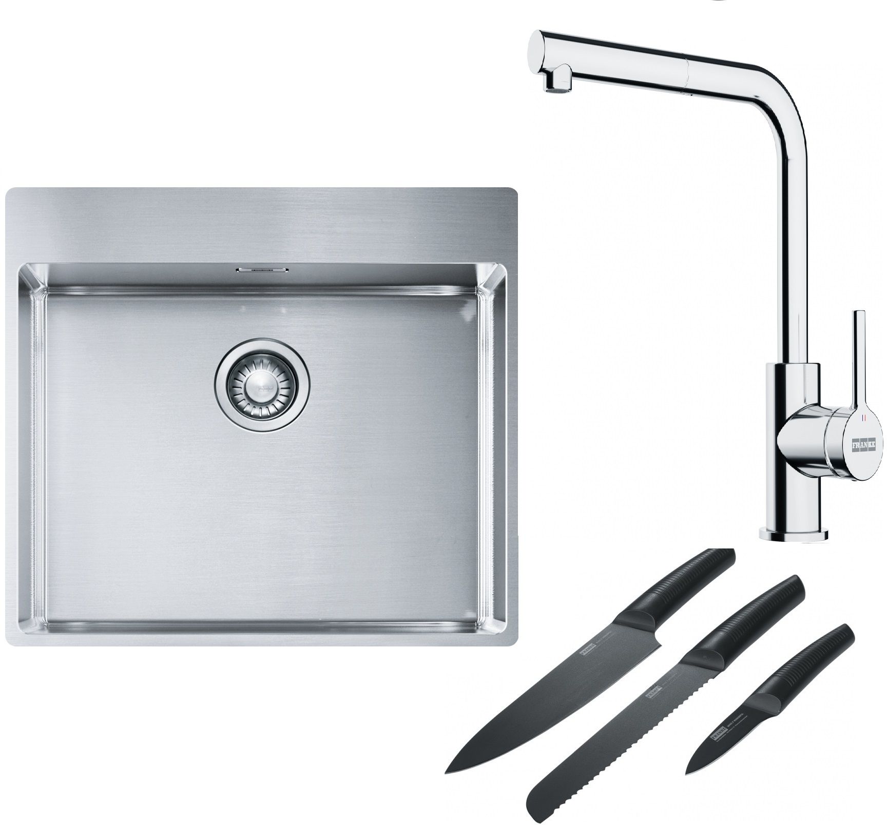 Franke Box BXX 210-54 TL zlewozmywak 57x51 cm stalowy z baterią kuchenną Lina chrom i zestawem noży kuchennych (1270369295, 1150712420, ...