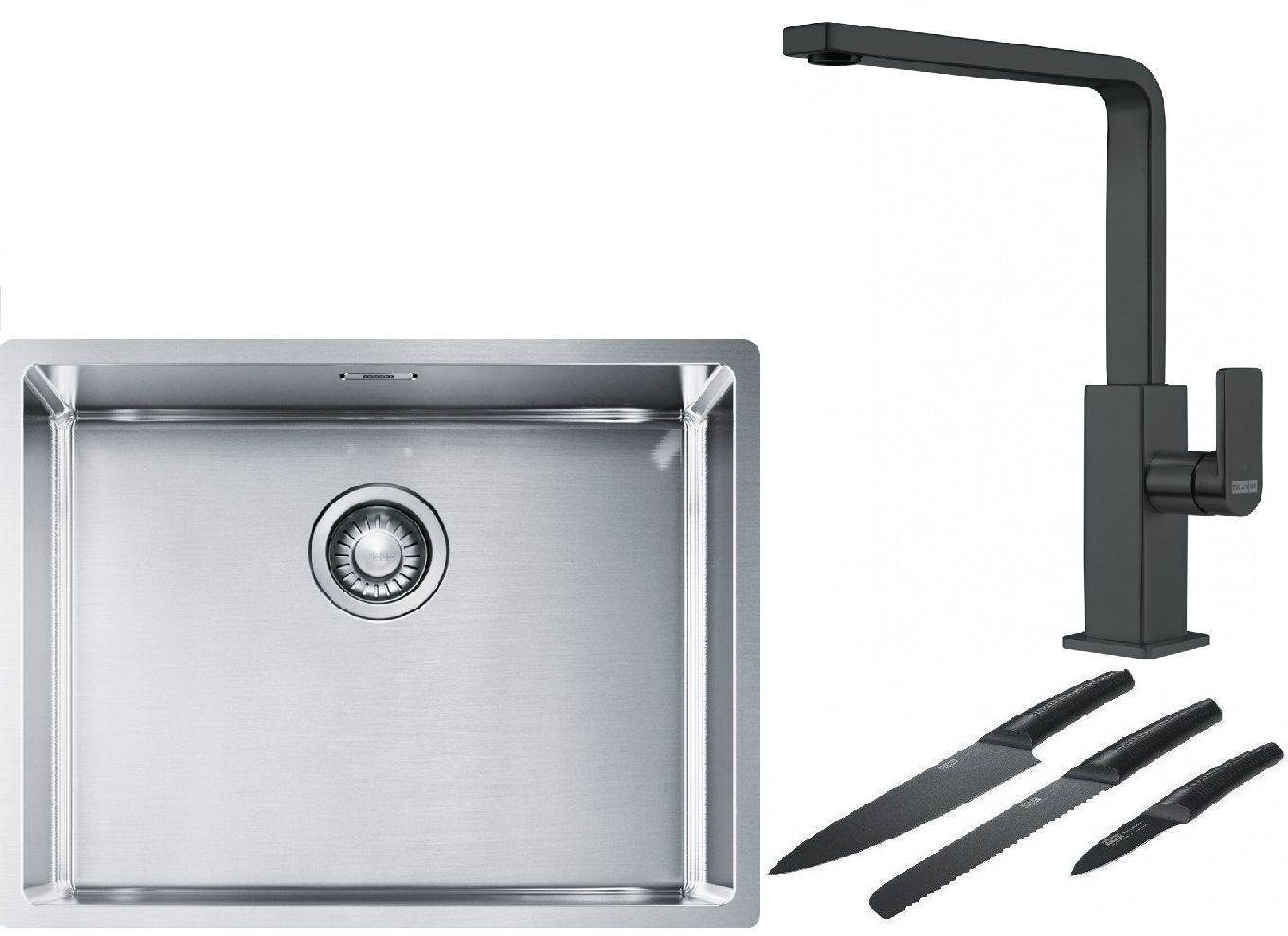 Franke Box BXX 110-54/ BXX 210-54 zlewozmywak 58x45 cm stalowy z baterią kuchenną Mythos czarna stal szlachetna i zestawem noży ... - Wysyłka w 24h