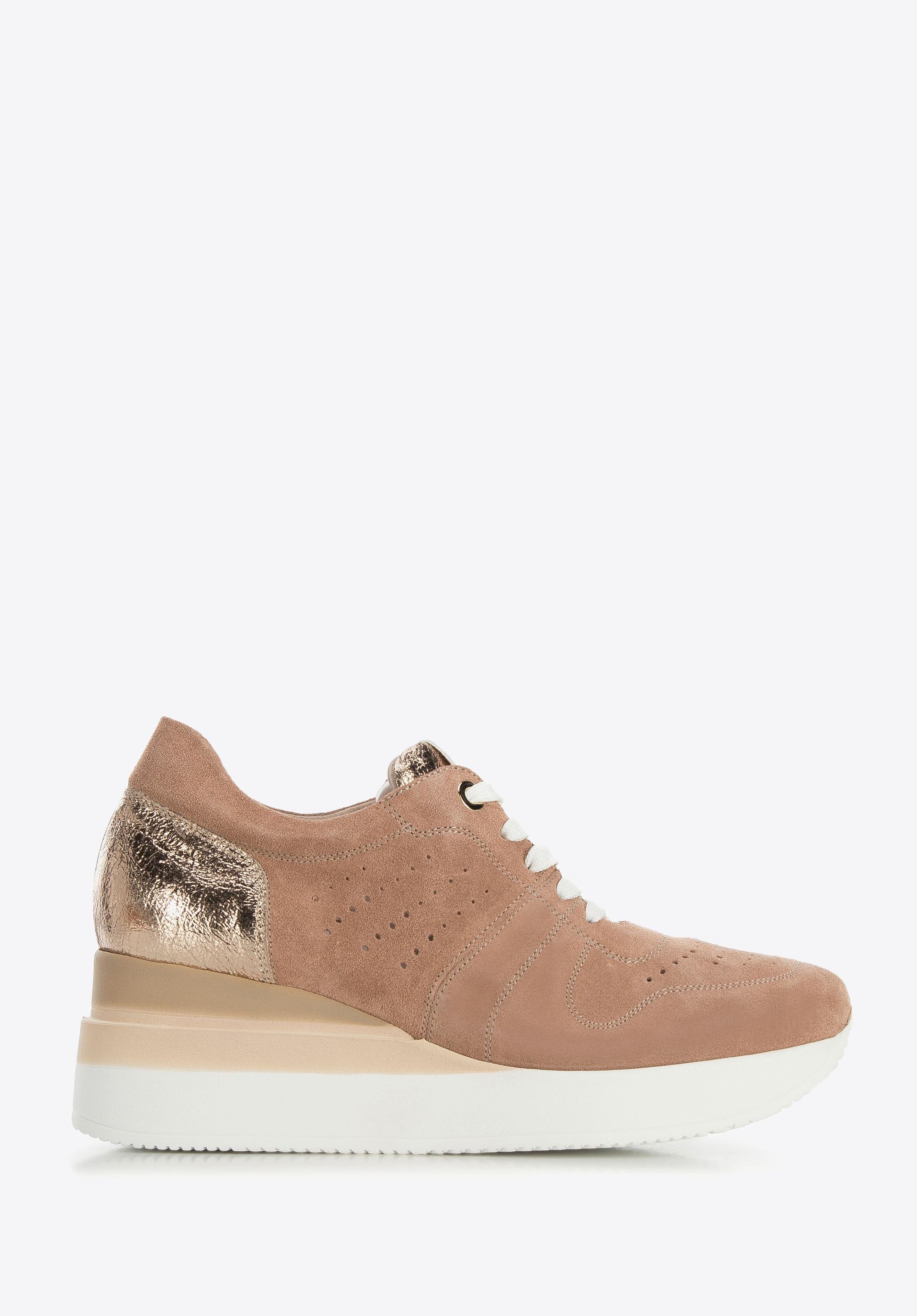 Damskie sneakersy zamszowe na koturnie w pasy zgaszony róż