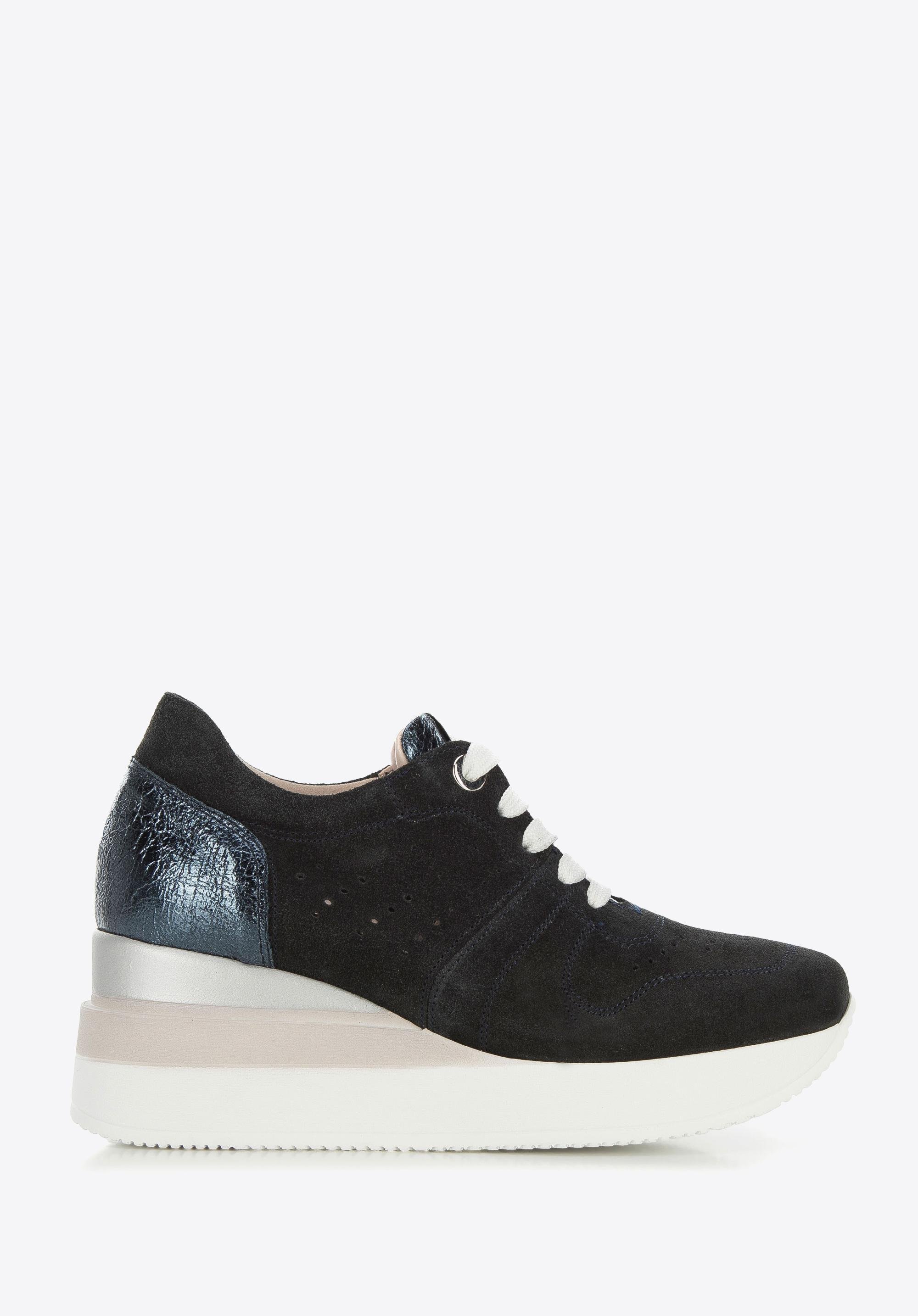 Damskie sneakersy zamszowe na koturnie w pasy ciemny granat