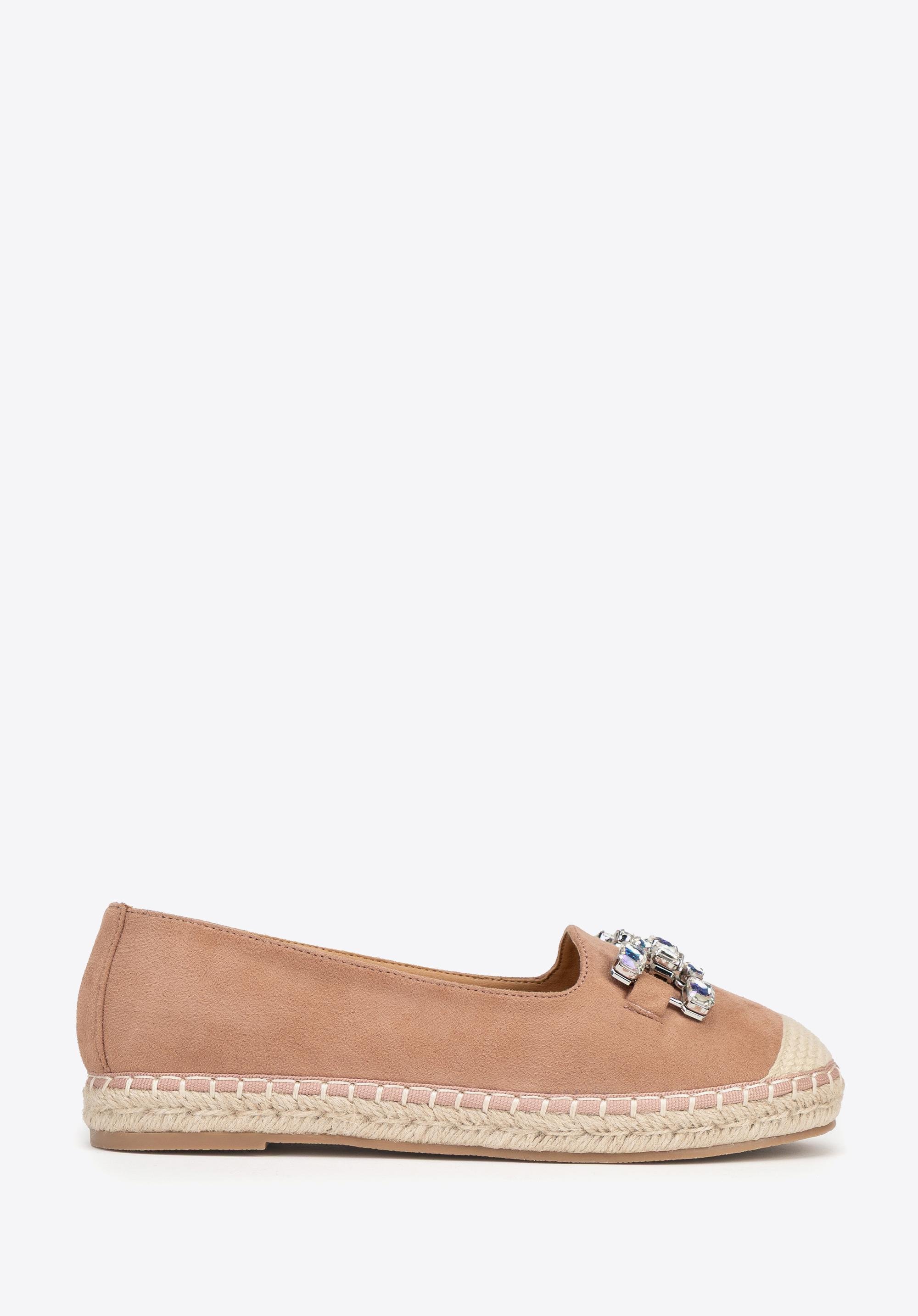 Damskie espadryle z biżuteryjną ozdobą beżowo - różowe