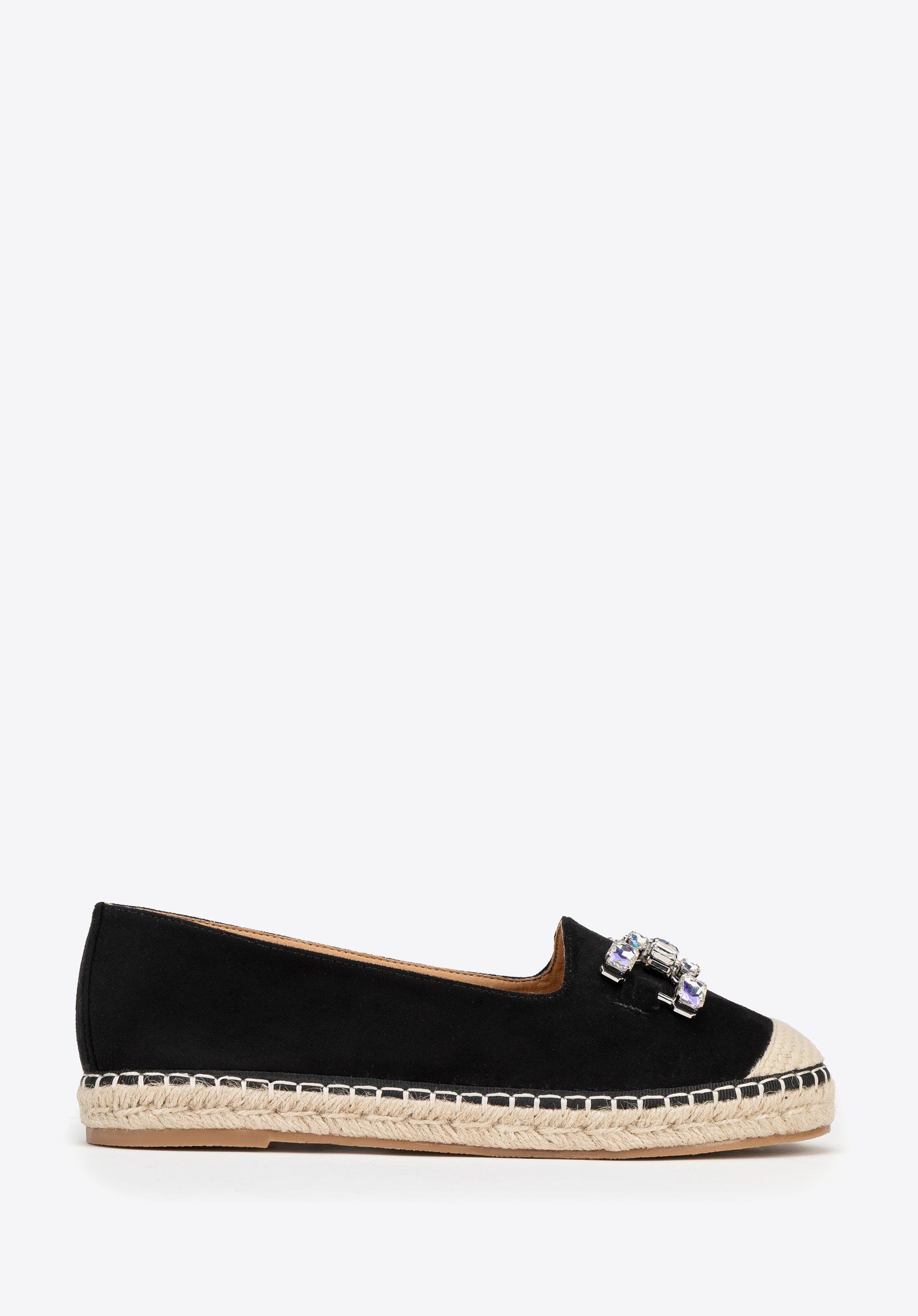 Damskie espadryle z biżuteryjną ozdobą czarno - beżowe