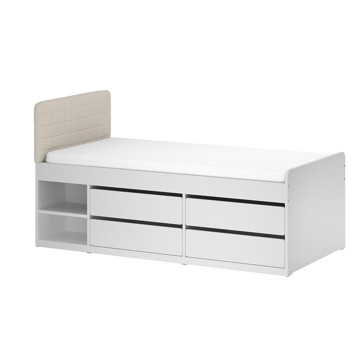 IKEA SLÄKT rama łóżka z pojemnikami, z zagłówkiem/Vissle beżowy, 90x200 cm