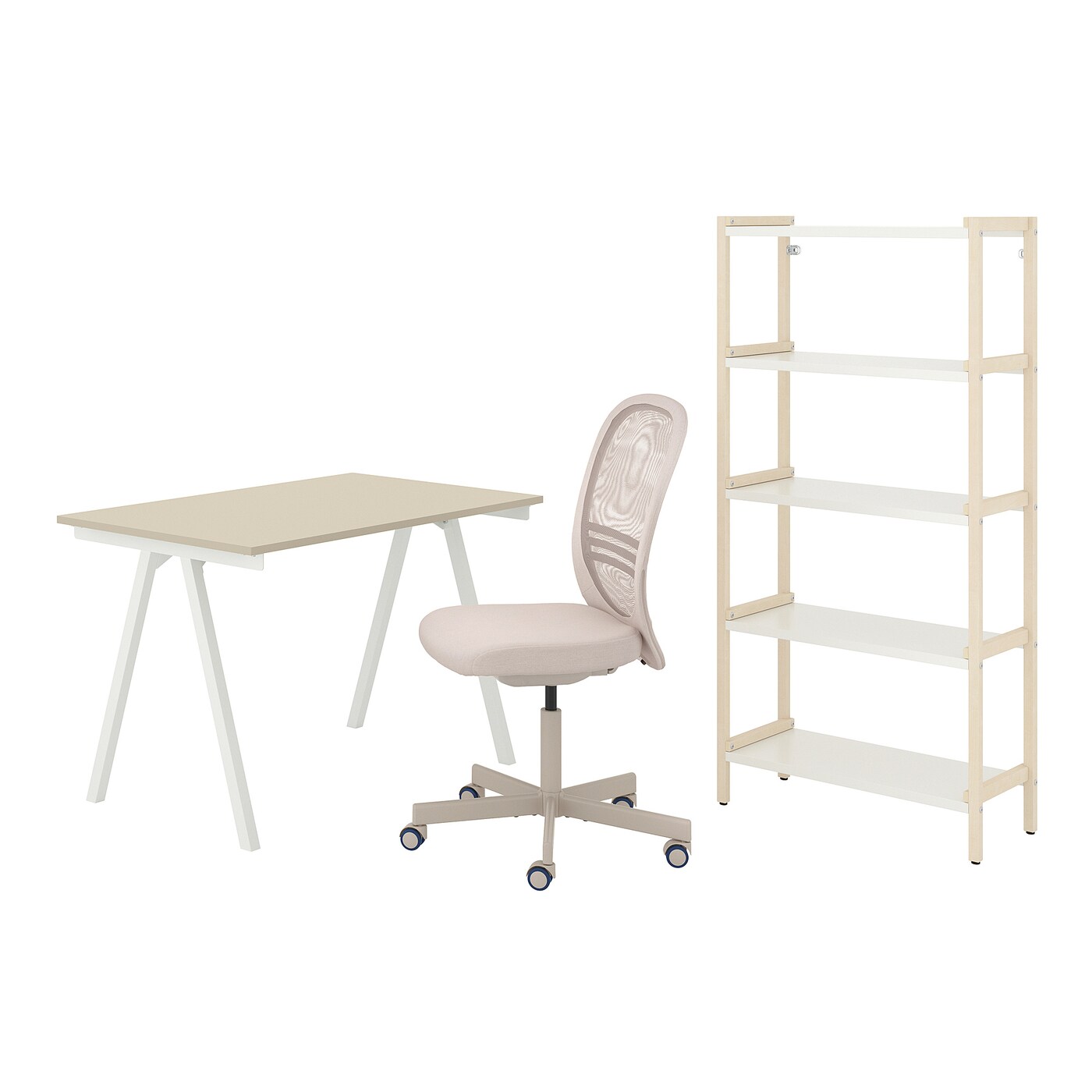 IKEA TROTTEN/FLINTAN / EKENABBEN kombinacja biurko/szafka, i krzesło obrotowe beżowy/biały